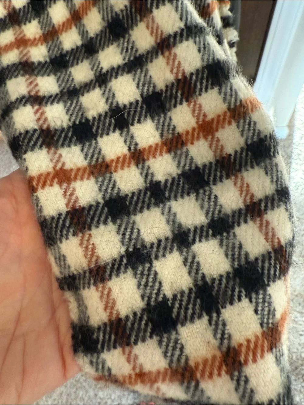 Cream Plaid Fringe Scarf with Black and Rust Check Wool Cashmere